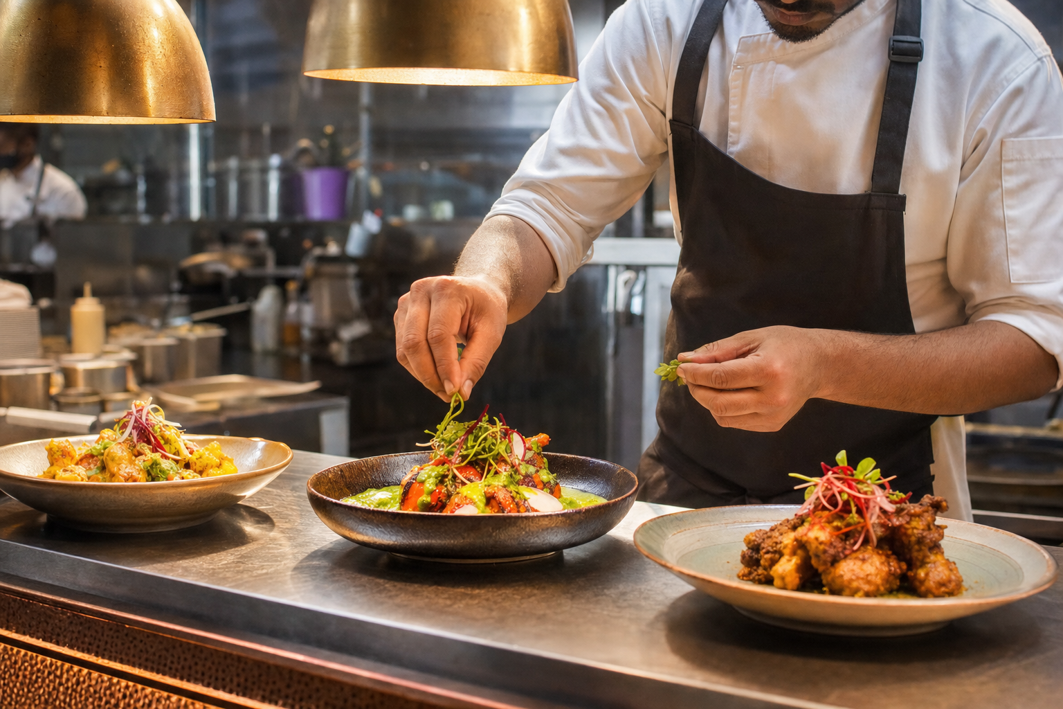 Chef plating dishes in the open kitchen