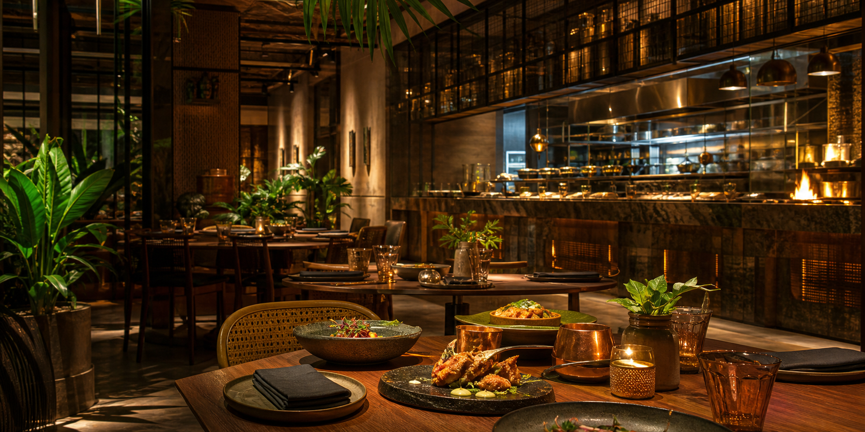 Warm modern restaurant dining room