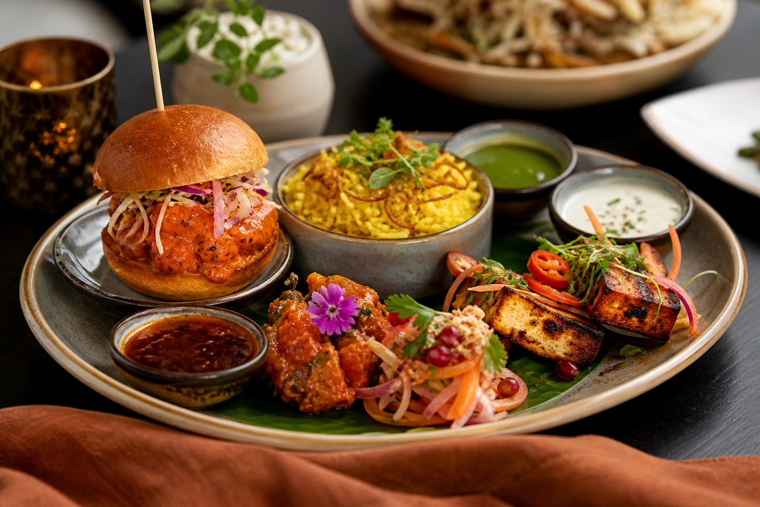 Signature Indian fusion tasting platter on a restaurant table